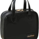 YNGVE black PU leather makeup bag with zipper closure and handle, compact travel toiletry organizer 8.27x3.15x7.48 inches