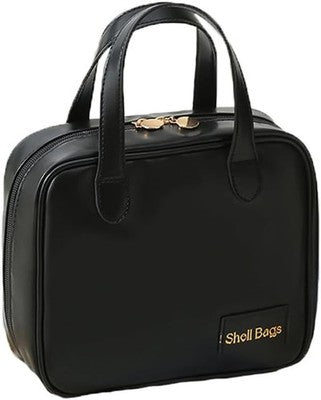 YNGVE black PU leather makeup bag with zipper closure and handle, compact travel toiletry organizer 8.27x3.15x7.48 inches
