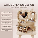Small beige PU leather makeup bag with top handle and zipper closure, compact waterproof travel cosmetic pouch organizer - view 2