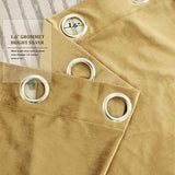 Two gold velvet blackout curtain panels 52x84 inches with silver grommets hanging on a rod in a living room - view 3