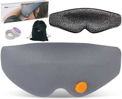 Gray MoonSecret 3D contoured blackout sleep eye mask with velvet travel pouch, showing cup-shaped eye cavities and adjustable strap