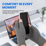 Grey fingerless compression gloves with anti-slip dot pattern on palm, shown on adult hands for arthritis pain relief - view 5