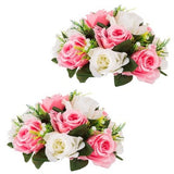 Two pink and white silk rose flower ball centerpieces on plastic bases, 10 inches diameter, styled on a wedding reception table