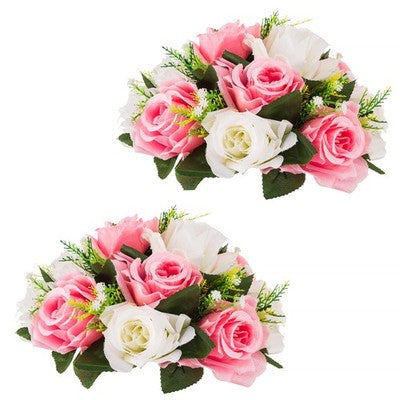 Two pink and white silk rose flower ball centerpieces on plastic bases, 10 inches diameter, styled on a wedding reception table