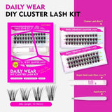 Caelymine DIY lash extension kit showing D curl cluster lashes, lash glue, and applicator tool on white background - view 4