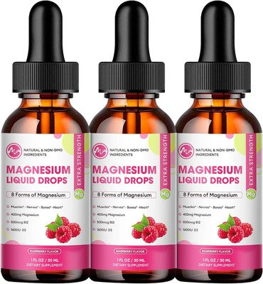 Three 3oz bottles of M inch raspberry-flavored 8-in-1 magnesium liquid drops arranged together on white background