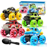 Four Kigwux monster truck toys with glowing multi-color LED wheels including shark and bull designs with hand drill