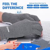 Grey fingerless compression gloves with anti-slip dot pattern on palm, shown on adult hands for arthritis pain relief - view 4