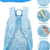 MOODONE blue 20L lightweight packable hiking backpack unfolded showing mesh straps, four zippered pockets and mesh side pockets - view 5