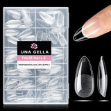216 clear medium almond full cover press-on nail tips displayed in 12 sizes on white background by UNA GELLA