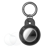 Black TPU AirTag protective case with keychain ring and screen protector films, carbon fiber texture, by Eyamumo