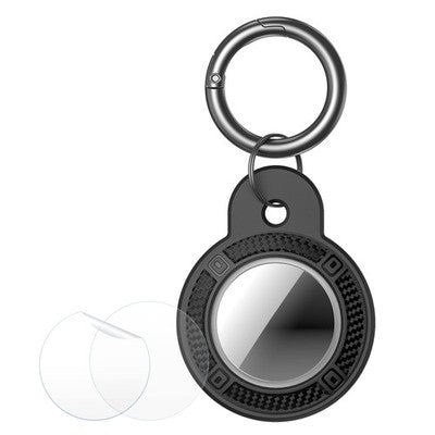 Black TPU AirTag protective case with keychain ring and screen protector films, carbon fiber texture, by Eyamumo