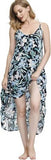 Women's floral print boho maxi dress with V neckline, adjustable spaghetti straps and side pockets in blue lily pattern - view 4