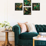 Four emerald green and gold leaf tropical botanical canvas prints 12x12 inches on wood frames arranged as a gallery wall set - view 2
