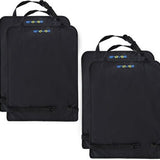 Four black Enovoe waterproof car seat back protector mats 18x24 inches with elastic straps shown installed in vehicle rear seats