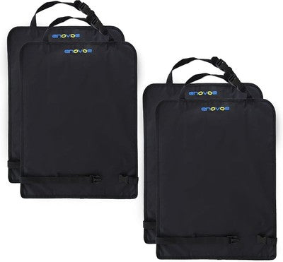 Four black Enovoe waterproof car seat back protector mats 18x24 inches with elastic straps shown installed in vehicle rear seats