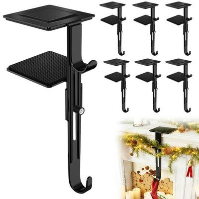 Set of 6 black metal adjustable fireplace mantle stocking and garland hangers with rubber protective pads