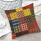 Two brown linen patchwork mandala quilted throw pillow covers 18x18 inches in bohemian style on a couch - view 6