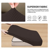 Set of two chocolate brown stretch fabric loveseat cushion covers with elasticized bottom, laid flat showing fitted shape - view 5