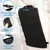 Four black Enovoe waterproof car seat back protector mats 18x24 inches with elastic straps shown installed in vehicle rear seats - view 2