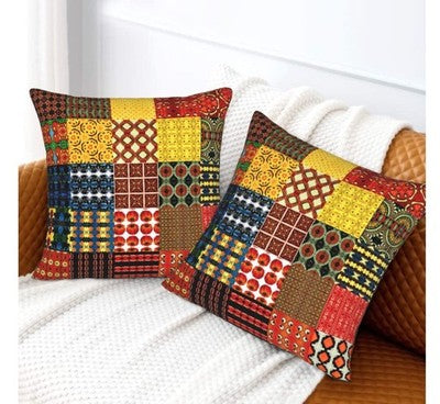 Two brown linen patchwork mandala quilted throw pillow covers 18x18 inches in bohemian style on a couch