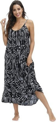 Women's black and white floral boho maxi dress with V-neckline, adjustable spaghetti straps, and side pockets in rayon