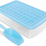 Blue BPA-free mini ice cube trays with clear lid, storage bin and scoop making 165 small rectangular ice cubes