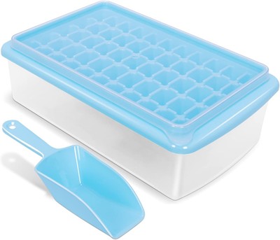 Blue BPA-free mini ice cube trays with clear lid, storage bin and scoop making 165 small rectangular ice cubes