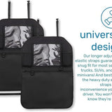 Two black Enovoe 18x24 inch waterproof PVC kick mats with clear tablet holder and zip pocket mounted on car back seats - view 5