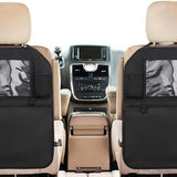 Two black Enovoe 18x24 inch waterproof PVC kick mats with clear tablet holder and zip pocket mounted on car back seats