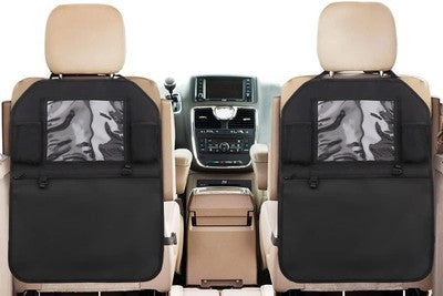 Two black Enovoe 18x24 inch waterproof PVC kick mats with clear tablet holder and zip pocket mounted on car back seats