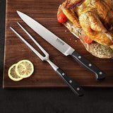 Yosfo 8-inch stainless steel carving knife and 7-inch fork set with black POM ergonomic handles on white background - view 3