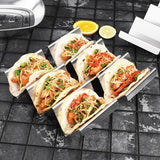 Four stainless steel taco holder racks arranged together, each holding three taco shells upright, 304 steel silver finish - view 4