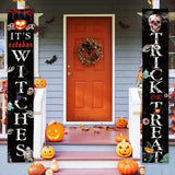 Two FSFLAG Halloween porch banners reading Trick or Treat and It's October Witches, each 74 inches long, hung outdoors