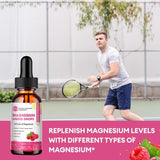 Three 3oz bottles of M inch raspberry-flavored 8-in-1 magnesium liquid drops arranged together on white background - view 6