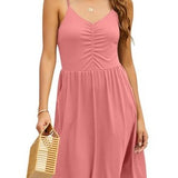 Yathon women's coral sleeveless spaghetti strap A-line sundress with side pockets and gathered V-neck bust, knee length - view 3