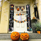 Two FSFLAG Halloween porch banners reading Trick or Treat and It's October Witches, each 74 inches long, hung outdoors - view 5
