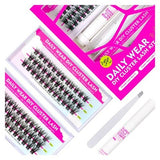 Caelymine DIY lash extension kit showing D curl cluster lashes, lash glue, and applicator tool on white background