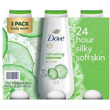 Three 23 oz bottles of Dove Cucumber & Green Tea Body Wash in white packaging with green accents