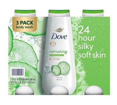 Three 23 oz bottles of Dove Cucumber & Green Tea Body Wash in white packaging with green accents