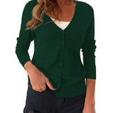 Women's dark green long sleeve button-down cardigan sweater with crew neck in soft knit fabric, size 1XL plus - view 4