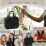 YNGVE black PU leather makeup bag with zipper closure and handle, compact travel toiletry organizer 8.27x3.15x7.48 inches - view 6