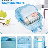 MOODONE blue 20L lightweight packable hiking backpack unfolded showing mesh straps, four zippered pockets and mesh side pockets - view 4