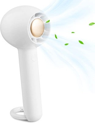 White Sowmow portable rechargeable handheld fan standing upright showing 6-blade design and compact 7.4-inch form factor
