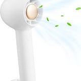 White Sowmow portable rechargeable handheld fan standing upright showing 6-blade design and compact 7.4-inch form factor