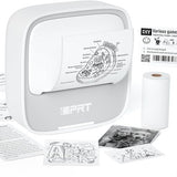 iDPRT portable mini thermal sticker printer in white shown with included roll of thermal sticker paper on white background