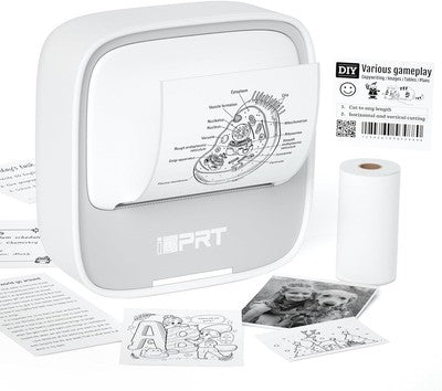 iDPRT portable mini thermal sticker printer in white shown with included roll of thermal sticker paper on white background