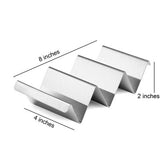 Four stainless steel taco holder racks arranged together, each holding three taco shells upright, 304 steel silver finish - view 2