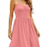 Yathon women's coral sleeveless spaghetti strap A-line sundress with side pockets and gathered V-neck bust, knee length - view 2