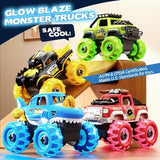 Four Kigwux monster truck toys with glowing multi-color LED wheels including shark and bull designs with hand drill - view 5